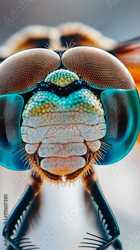 Macro shot of a colorful dragonfly face showcasing intricate eyes and details during daylight hours