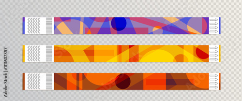 Paper wristbands ticket with abstract geometric patterns. Security bracelets with barcode for entrance to sport event, concert or music festival. Realistic 3d club party wrist armlet mockup.
