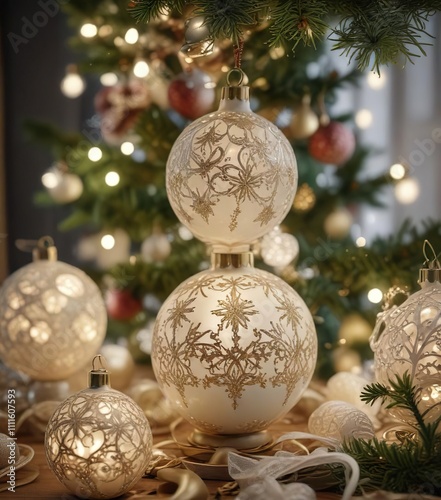 Ornaments shaped like hearts and stars add a touch of whimsy to a beautiful bauble Christmas tree with delicate lace details , heart, ornaments, lace photo