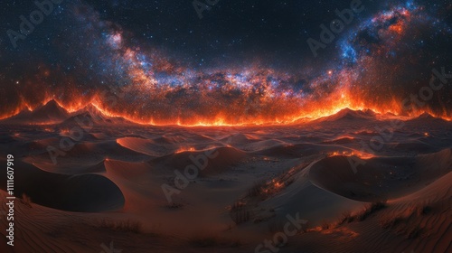 Starry night above desert dunes, highlighting soft curves of sand and celestial beauty blending in harmony