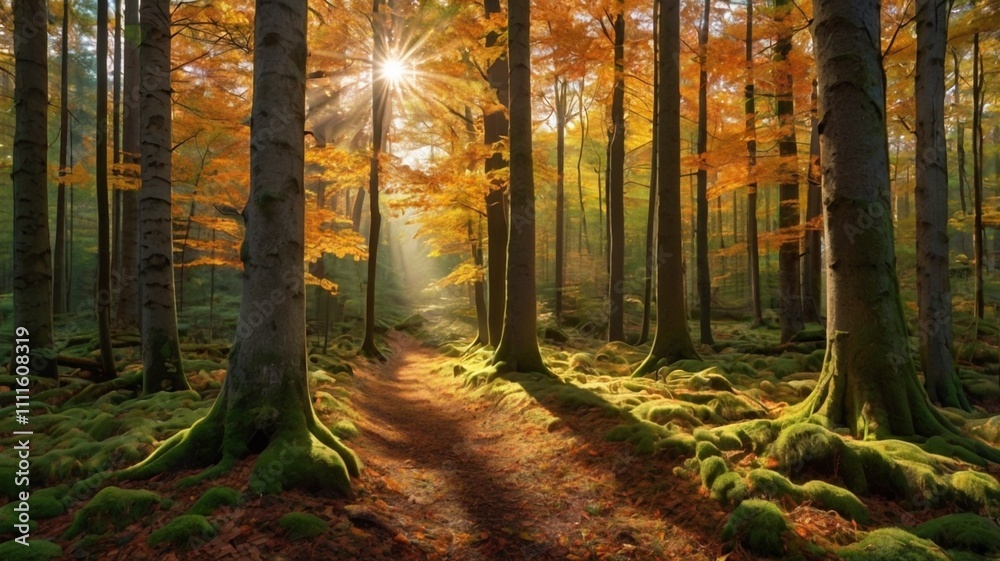 Obraz premium Autumn nature landscape of colorful forest in morning sunlight
