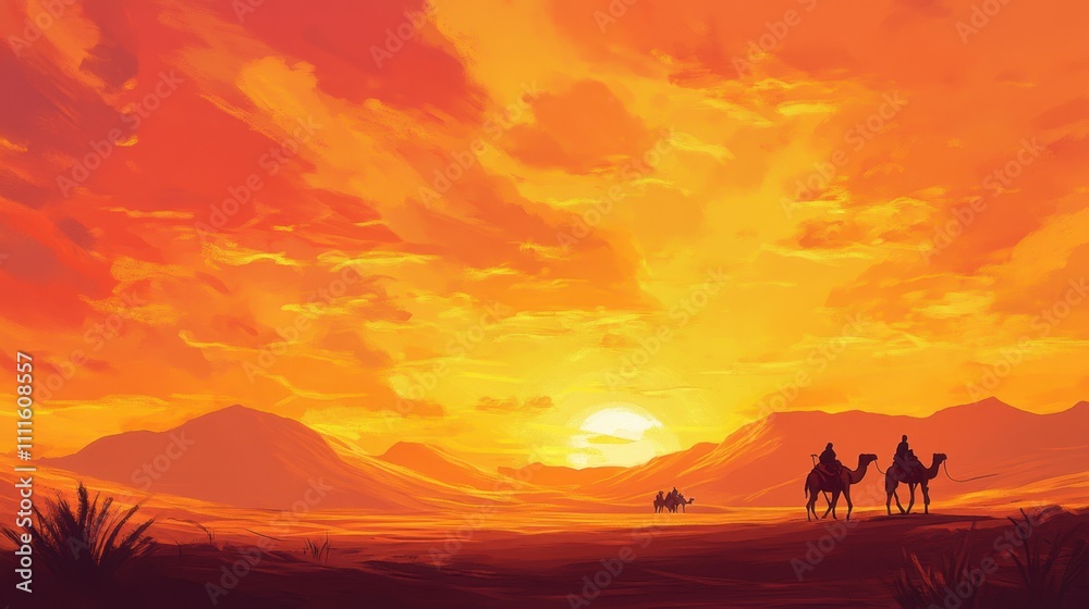 Vibrant Sahara desert with camels and their guide silhouetted against golden sands and a brilliant sky