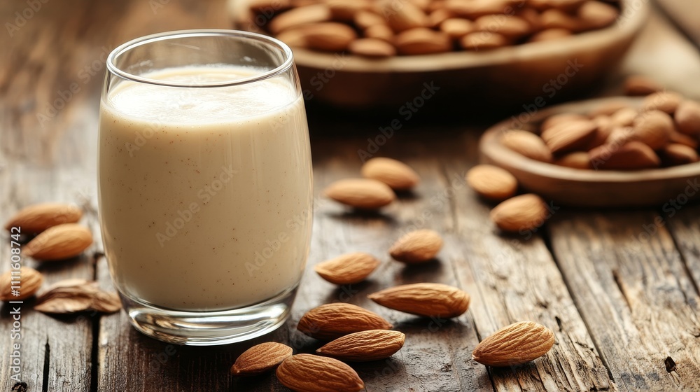 A glass of milk is on a wooden table with a bowl of almonds next to it A glass of milk is on a wooden table with a bowl of almonds next to it