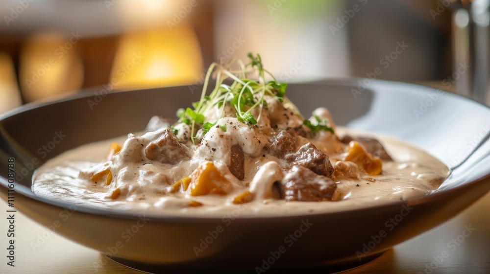 A bowl of beef stroganoff with vegetables A bowl of beef stroganoff with vegetables
