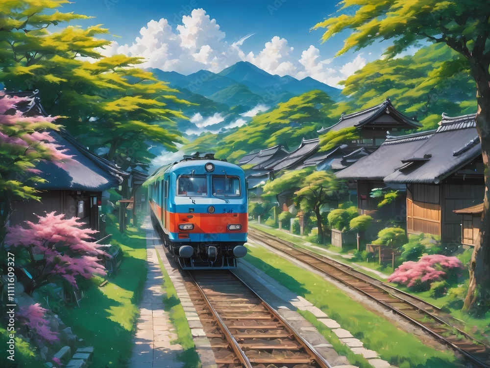 Naklejka premium Anime train moving through peaceful village, surrounded by greenery, rice fields, and sky