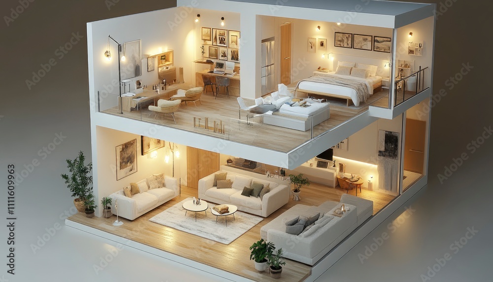 A 3D model of a modern house showcasing interior design and layout. A 3D model of a modern house showcasing interior design and layout.