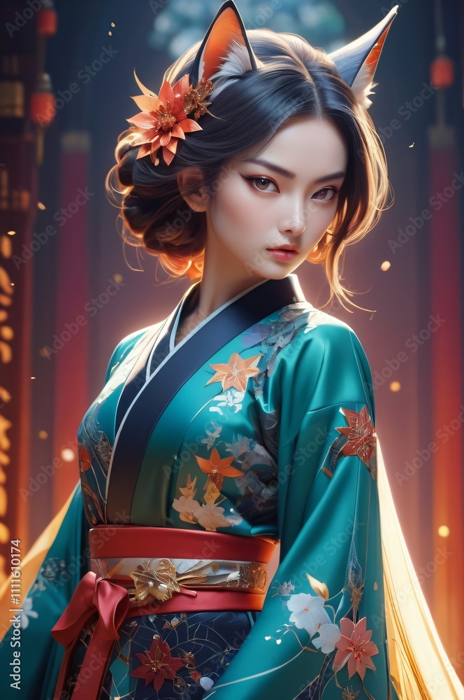 Elegant Asian Woman in Teal Kimono Fox Ears Floral Hair Elegant Asian Woman in Teal Kimono Fox Ears Floral Hair