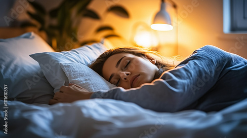 Person lying in bed with half-closed eyes, surrounded by dim light and shadows, symbolizing irregular sleep patterns and lack of restful sleep. photo