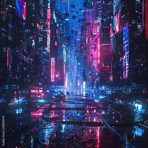 Futuristic city street at night with neon lights and reflections.