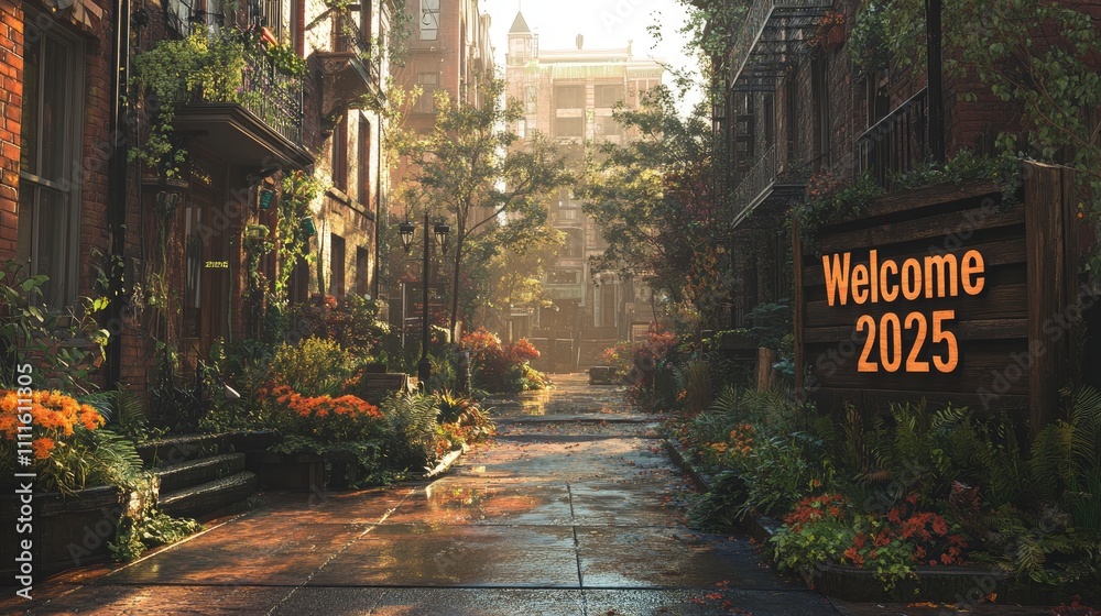 Fototapeta premium A serene urban street scene welcoming the year 2025 with lush greenery and vibrant flowers.