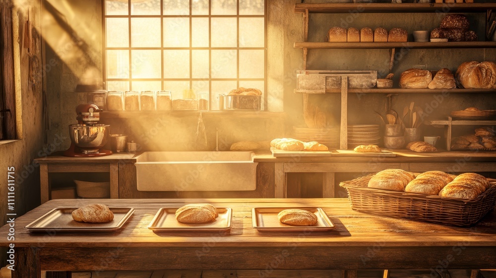 A warm bakery interior with freshly baked bread on wooden tables, illuminated by sunlight. A warm bakery interior with freshly baked bread on wooden tables, illuminated by sunlight.