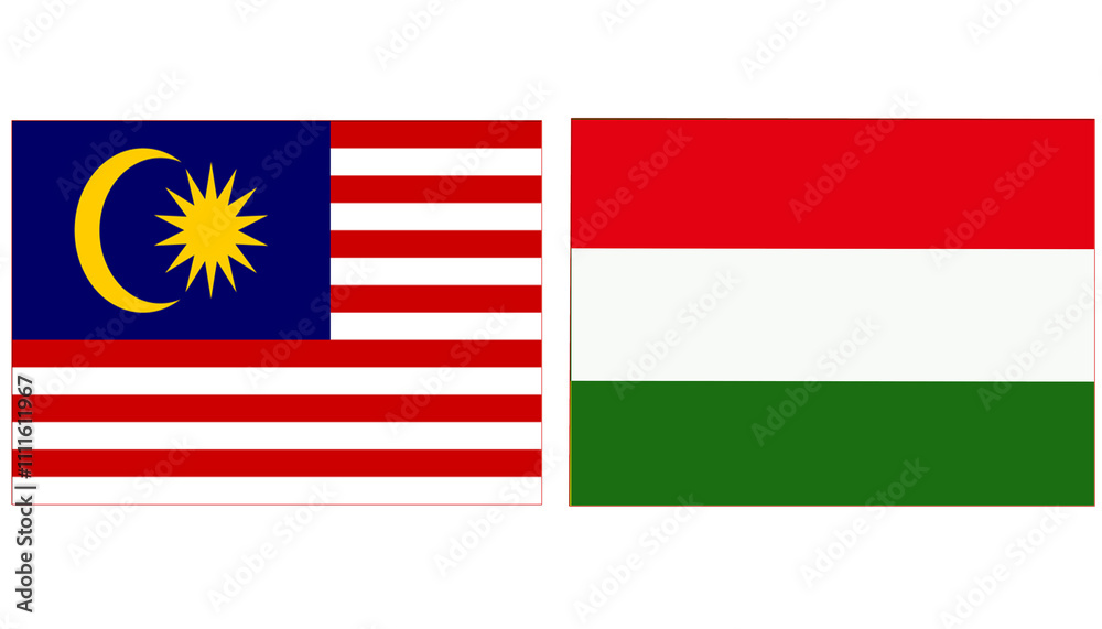 Naklejka premium Malaysia national flag with Hungary Official flag, both countries flags are in Horizontal shape and isolated on white background. Rectangular colorful design Flag with together