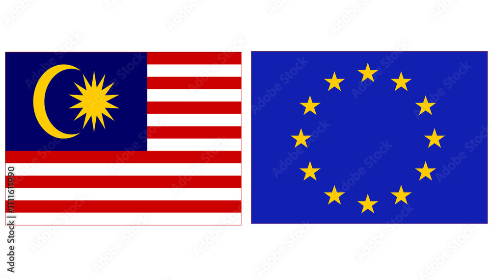 Malaysia national flag with European union Official flag, both countries flags are in Horizontal shape and isolated on white background. Rectangular colorful design Flag with together Malaysia national flag with European union Official flag, both countries flags are in Horizontal shape and isolated on white background. Rectangular colorful design Flag with together