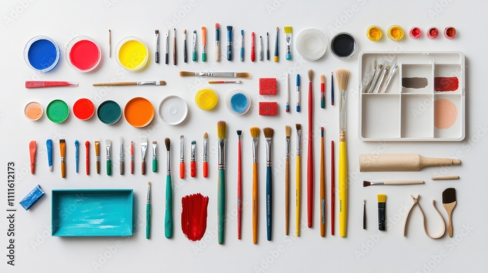 Fototapeta premium Colorful hobby tools including brushes, acrylic paints, scissors, and palettes are neatly organized on a white background, leaving space for text. Generative AI