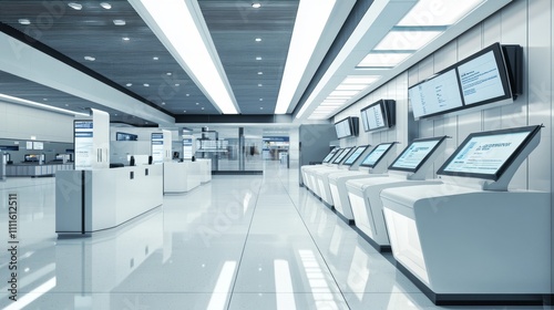 Modern airport interior featuring self-service kiosk and digital displays.