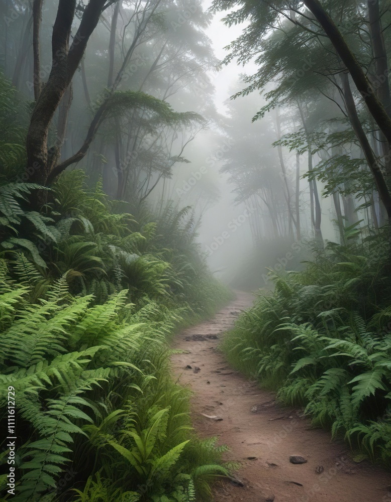 Foggy forest path winding through ferns and shrubs, steep, firnery, mudpath Foggy forest path winding through ferns and shrubs, steep, firnery, mudpath