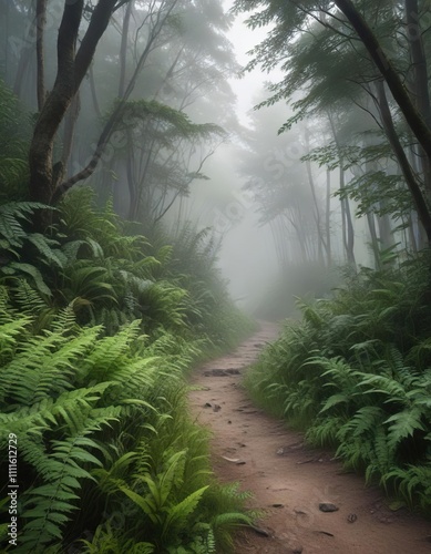 Foggy forest path winding through ferns and shrubs, steep, firnery, mudpath