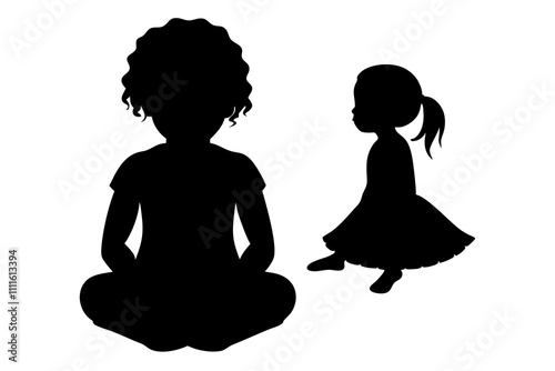 Silhouette of a little girl in a dress with curly hair. vector illustration.