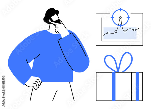 Businessman in blue sweater analyzing graph data thoughtfully while considering a gift box. Ideal for business strategy, decision making, gift planning, market analysis, brainstorming sessions