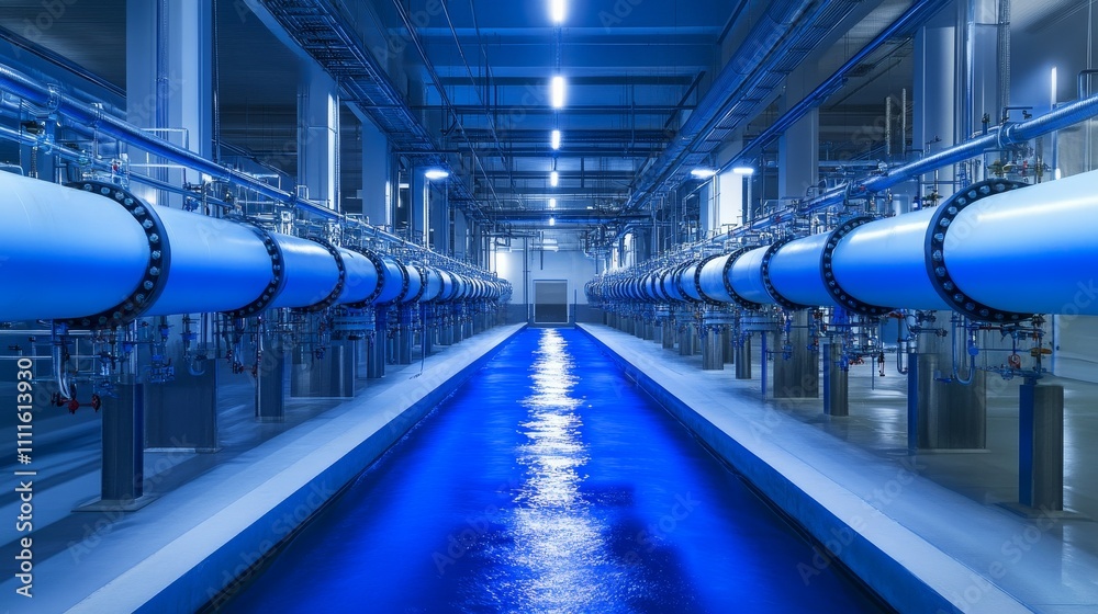 Obraz premium A modern water treatment facility with blue-lit pipes and a flowing water channel.