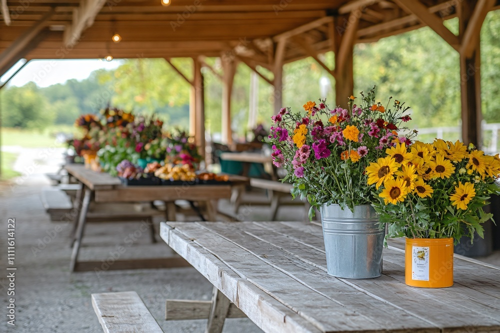 Obraz premium Bouquets of Colorful Flowers in a Rustic Market Setting
