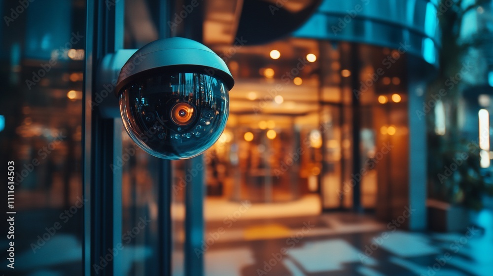 Security camera mounted on glass door, building entrance at night.