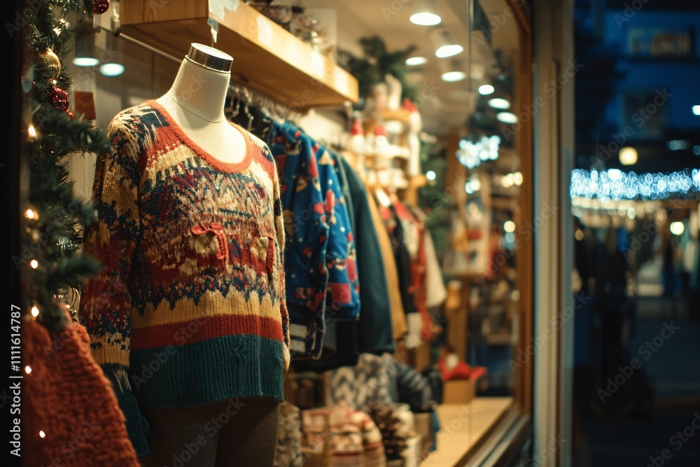 Cozy Knit Sweater Displayed in Window Shop During Festive Season Cozy Knit Sweater Displayed in Window Shop During Festive Season