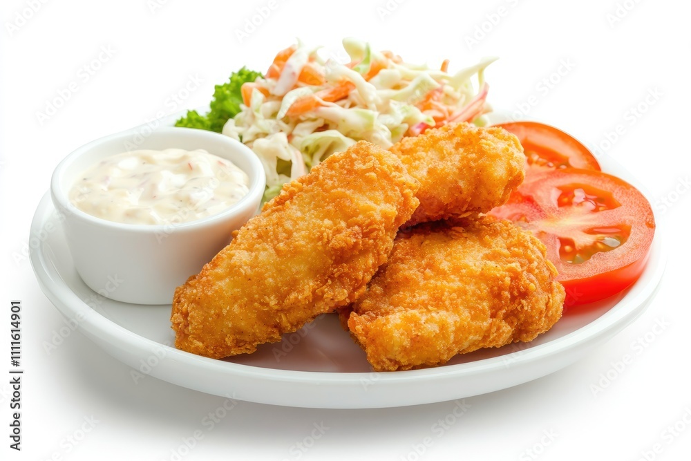 Crispy Fried Fish Sticks Served With Salad and Sauce Crispy Fried Fish Sticks Served With Salad and Sauce