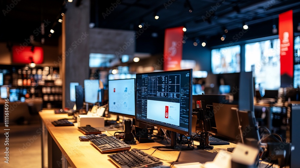 Modern tech store interior with multiple computers on display. Modern tech store interior with multiple computers on display.