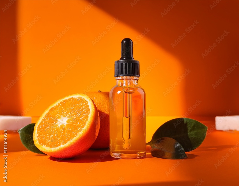Vibrant product display with oranges and oil bottle, ideal for citrus-themed beauty advertising Vibrant product display with oranges and oil bottle, ideal for citrus-themed beauty advertising
