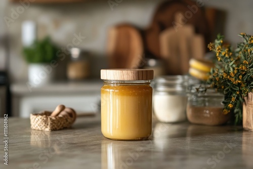 Rustic honey jar with wooden lid on marble countertop kitchen setting product photography cozy environment close-up view sweetness and natural goodness of honey