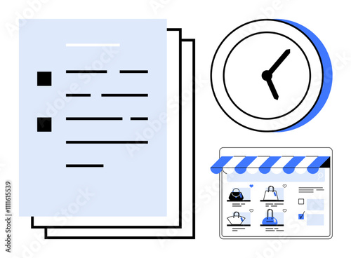 Documents, analogue clock, and e-commerce website window with shopping items and cart icon. Ideal for productivity, task management, e-commerce, retail business, online shopping, time management