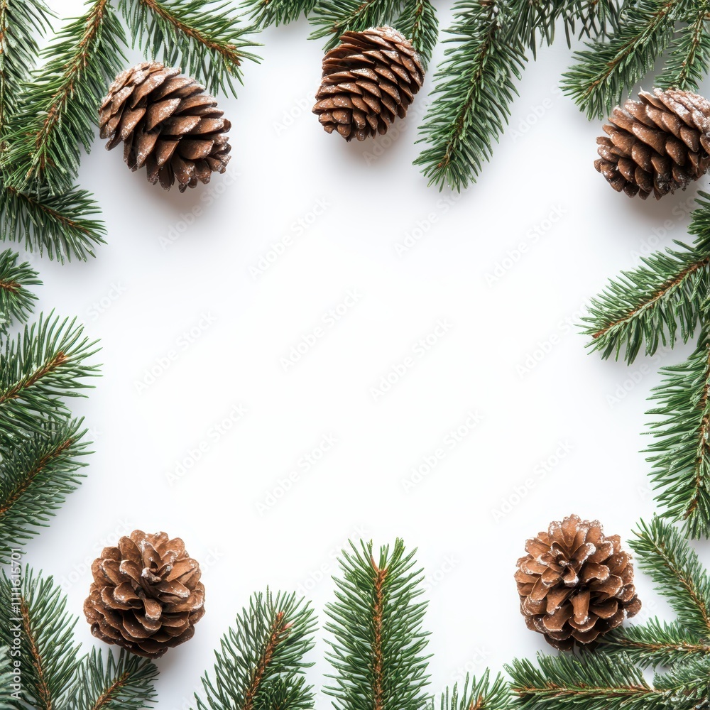 Christmas nature frame, elegant fir branches, pine cones, bright white background, festive touch. Christmas nature frame, elegant fir branches, pine cones, bright white background, festive touch.