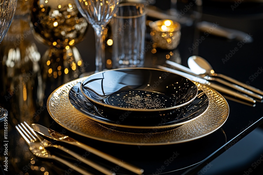 Elegant Black and Gold Table Setting for Formal Dining Experience Elegant Black and Gold Table Setting for Formal Dining Experience