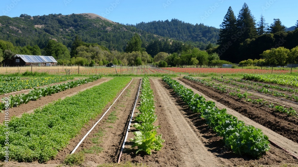 A vibrant farm landscape with rows of crops and a backdrop of hills under a clear blue sky. A vibrant farm landscape with rows of crops and a backdrop of hills under a clear blue sky.