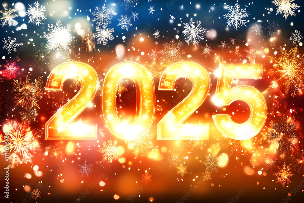 Glowing golden 2025 with sparkling snowflakes and festive fireworks creating a bright, celebratory New Year atmosphere Glowing golden 2025 with sparkling snowflakes and festive fireworks creating a bright, celebratory New Year atmosphere