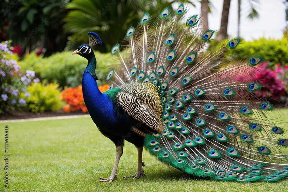 Obraz premium Vibrant Peacock Showcasing Beautiful Feathers in a Lush Colorful Garden