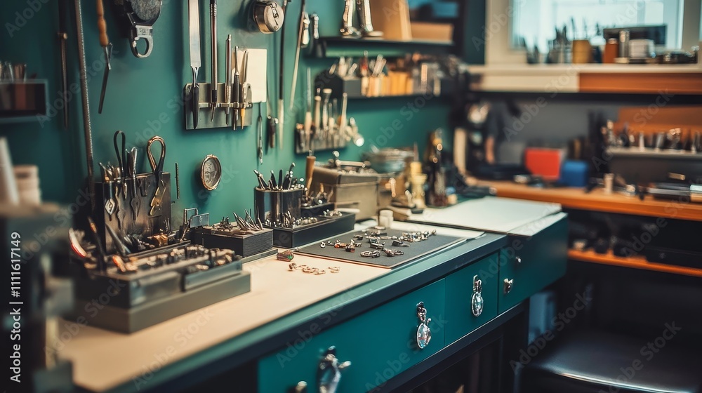 Fototapeta premium A well-organized workshop filled with tools and equipment for crafting and repair tasks.