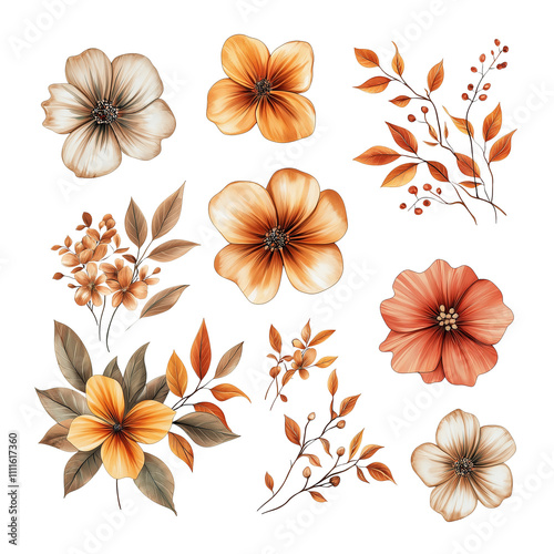 Floral Collection with Line Art and Decorative Details
