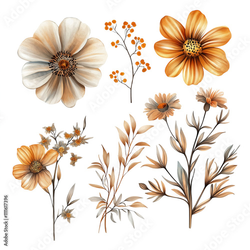 Modern Botanical Set with Geometric Patterns and Small Leaves
