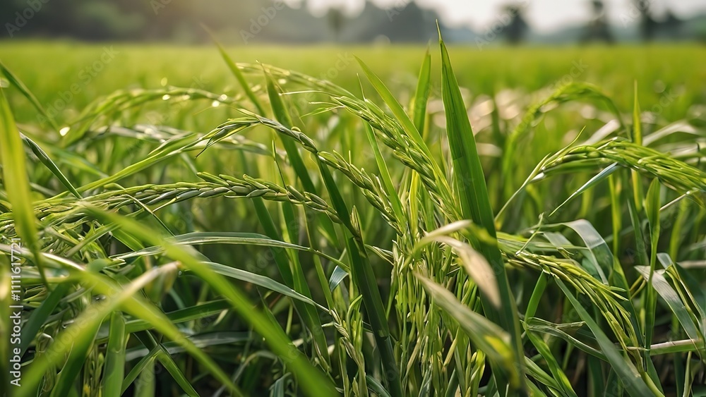 Fototapeta premium Close up green rice field background close up beautiful yellow rice fields soft focus, 4k image