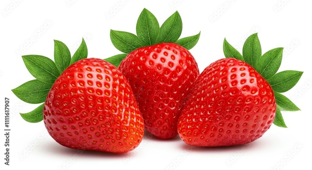 Three Ripe Strawberries with Leaf Isolated on White Background Three Ripe Strawberries with Leaf Isolated on White Background