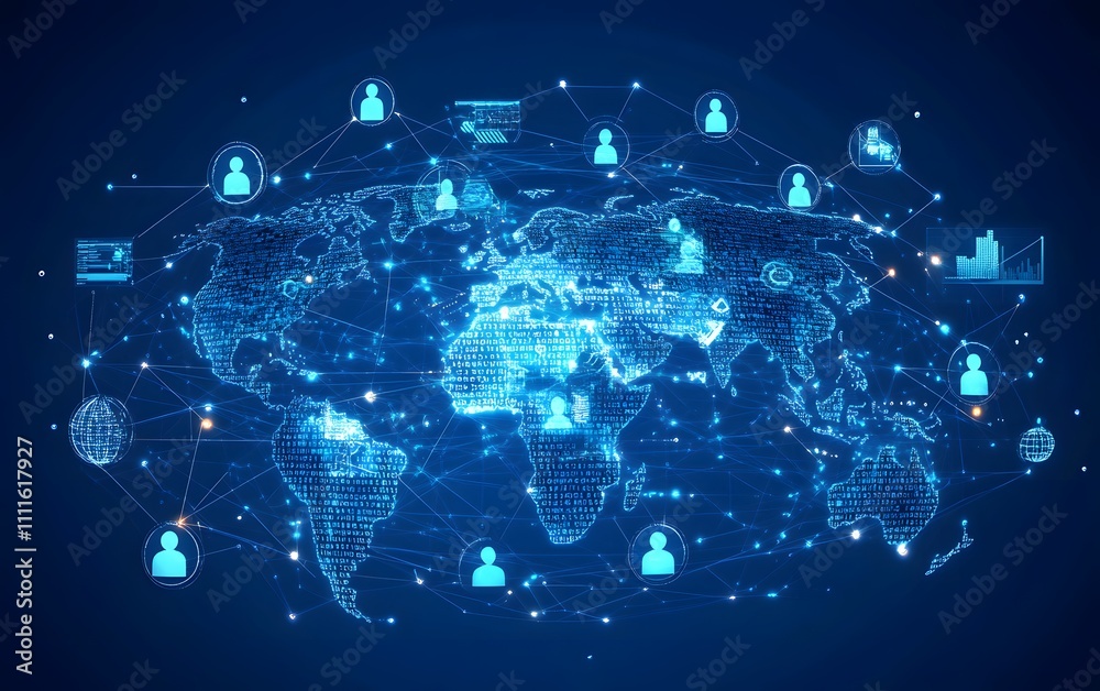 A digital globe with icons of people connecting across the world, surrounded by binary code and data streams, representing global network technology, A digital globe with icons of people connecting across the world, surrounded by binary code and data streams, representing global network technology,