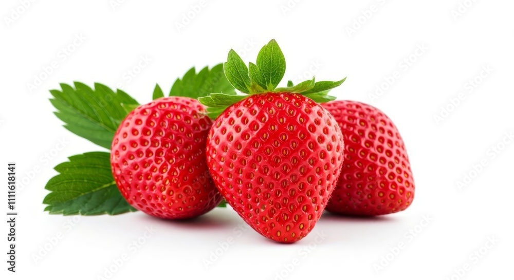 Three Ripe Strawberries with Leaf Isolated on White Background Three Ripe Strawberries with Leaf Isolated on White Background