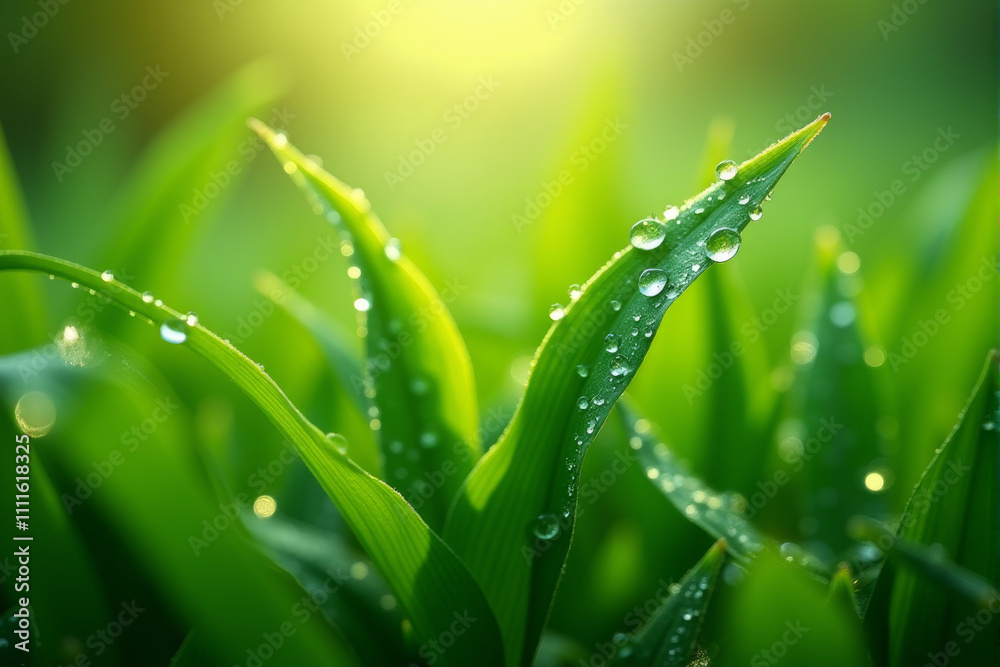 Naklejka premium a close-up of lush green leaves covered in sparkling dewdrops, bathed in the warm glow of the morning sun. It evokes a sense of freshness, vitality, and the beauty of nature.