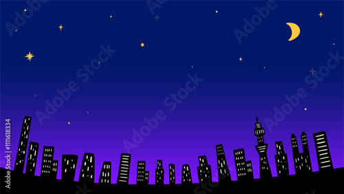 Cityscape, background frame with buildings and night view, stylish hand-drawn illustration / 都会の街並み、ビルと夜景の背景フレーム、おしゃれな手描きのイラスト