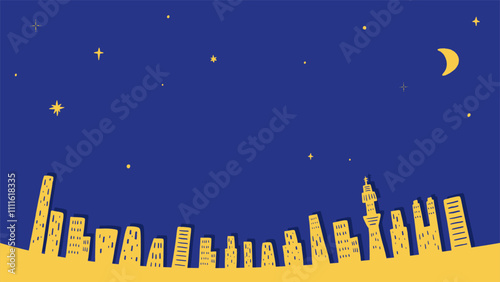 Cityscape, background frame of buildings and night view, navy blue and yellow, simple and cute hand-drawn illustration / 都会の街並み、ビルと夜景の背景フレーム、紺色と黄色、シンプルでかわいい手描きのイラスト