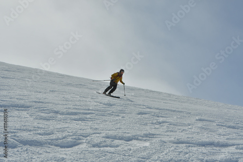 Skiing on puyehue vulcano fast freeride professional photo