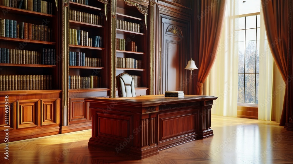 A luxurious wooden office with a desk, chair, and bookhelves, illuminated by natural light. A luxurious wooden office with a desk, chair, and bookhelves, illuminated by natural light.