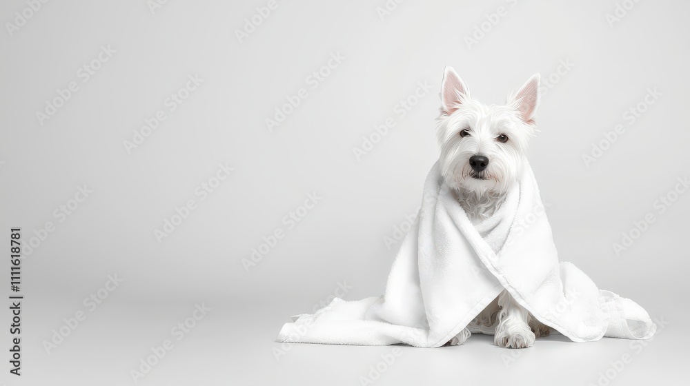 A charming West Highland White Terrier dog wrapped in a towel after a bath, sitting on a soft surface with a satisfied look A charming West Highland White Terrier dog wrapped in a towel after a bath, sitting on a soft surface with a satisfied look
